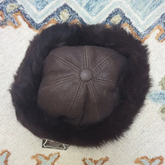 Brown Sheepskin Shearling Fur Winter Hat Leather Bucket Cossack - Picture 2 of 6